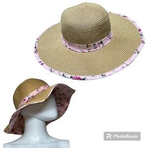Floppy Straw Beach Sun Hat Pink Floral Trim OS